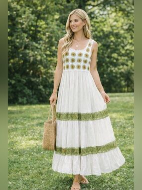 Crochet White and Green Maxi Dress